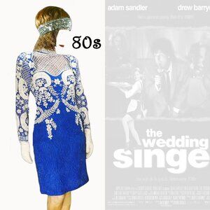 80s Vintage Long Sleeve Formal Blue White Beaded Cocktail Dress, Open Back